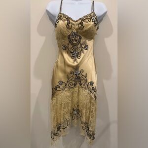 Sue Wong Gold Silk Dress with Black Accents